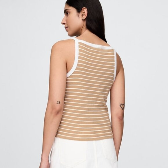 GAP Modern Apron-Neck Tank Top Khaki tan & white stripe S NWT - Picture 2 of 4